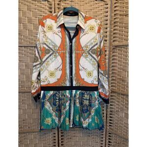 YMHY Scarf Print Pleated Long Sleeve Mini Dress Size LG